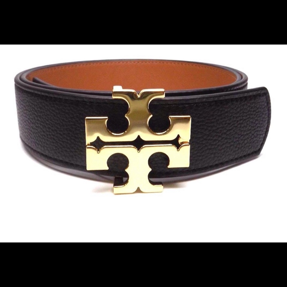 Tory Burch Black Leather Belt with Gold Logo Buckle